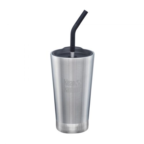 Mens Klean Kanteen Insulated Tumbler 473ml with Straw Lid Water Bottle in Brushed Stainless